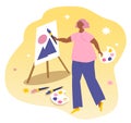 Vector hand drawn illustration on the theme of design, artists, creativity. a girl stands in front of an easel